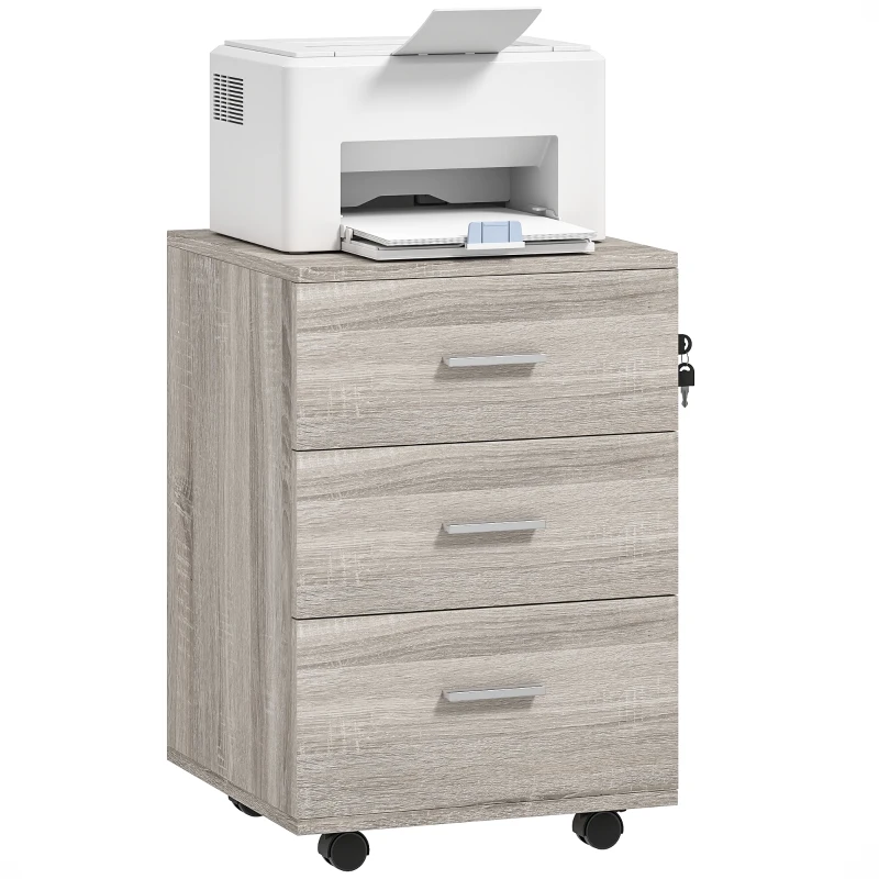 Vinsetto Schubladen-Container mit 3 Schubladen Rollen Schloss 2 Schlüssel Mobiler Aktenschrank für Arbeitszimmer Wohnzimmer 40x40x61,5 cm Grau