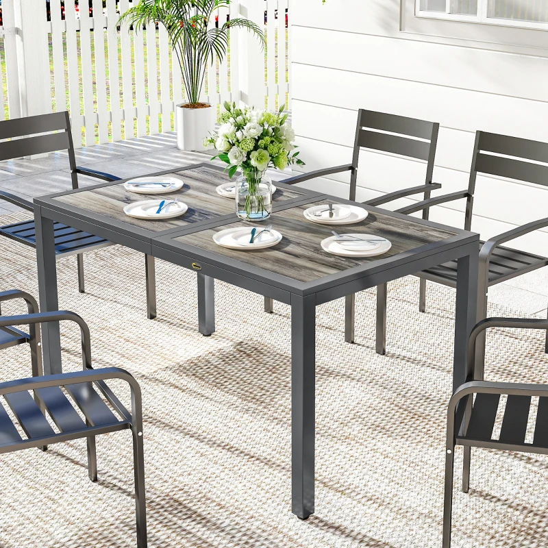 Outsunny Gartentisch für 4 bis 6 Personen, Außen-Esstisch mit Holzoptik-Tischplatte, 140 x 80 x 72 cm, dunkelgrau