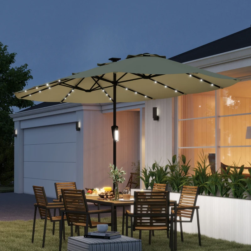 Outsunny Doppel-Sonnenschirm für Garten 4x2 m mit 36 LED-Leuchten UPF50+ Kurbel 12 Streben Wasserabweisend Beige