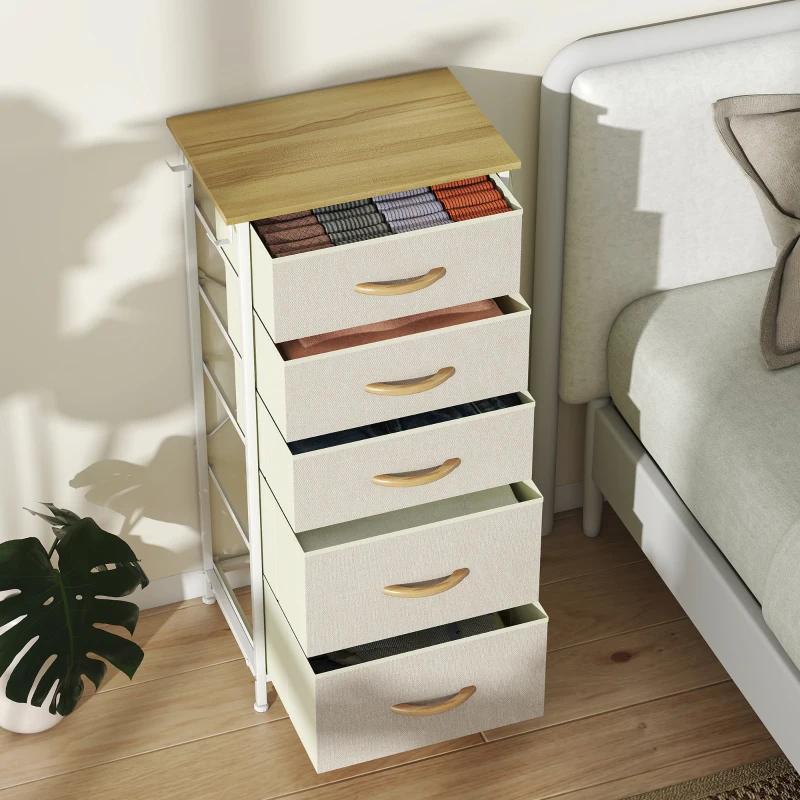 HOMCOM Cómoda de dormitorio con 5 cajones de tela, tirantes de acero, superficie de madera, 4 bolsillos de almacenamiento, 2 ganchos, beige