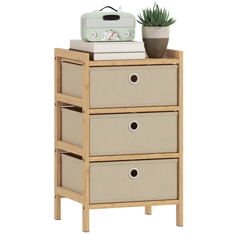 HOMCOM Commode avec 3 tiroirs en tissu Structure en bambou Commode pour petits espaces Crème et naturel