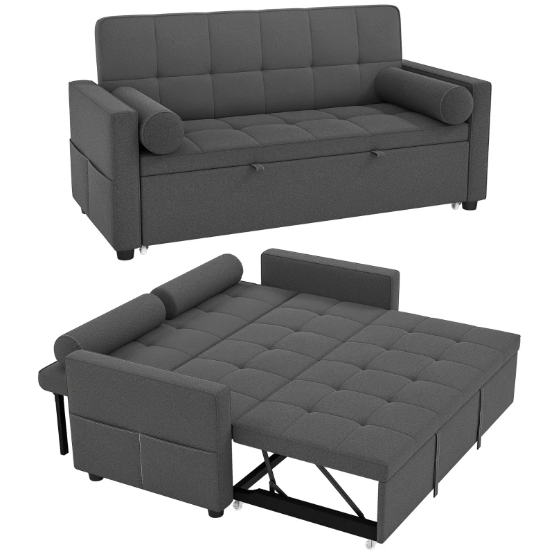 HOMCOM 2‑Sitzer Schlafsofa 3 en 1 Schlafsofa mit ausziehbarem Doppelbett verstellbare Rückenlehne 2 Kissen 80,5x137,5x84cm grau