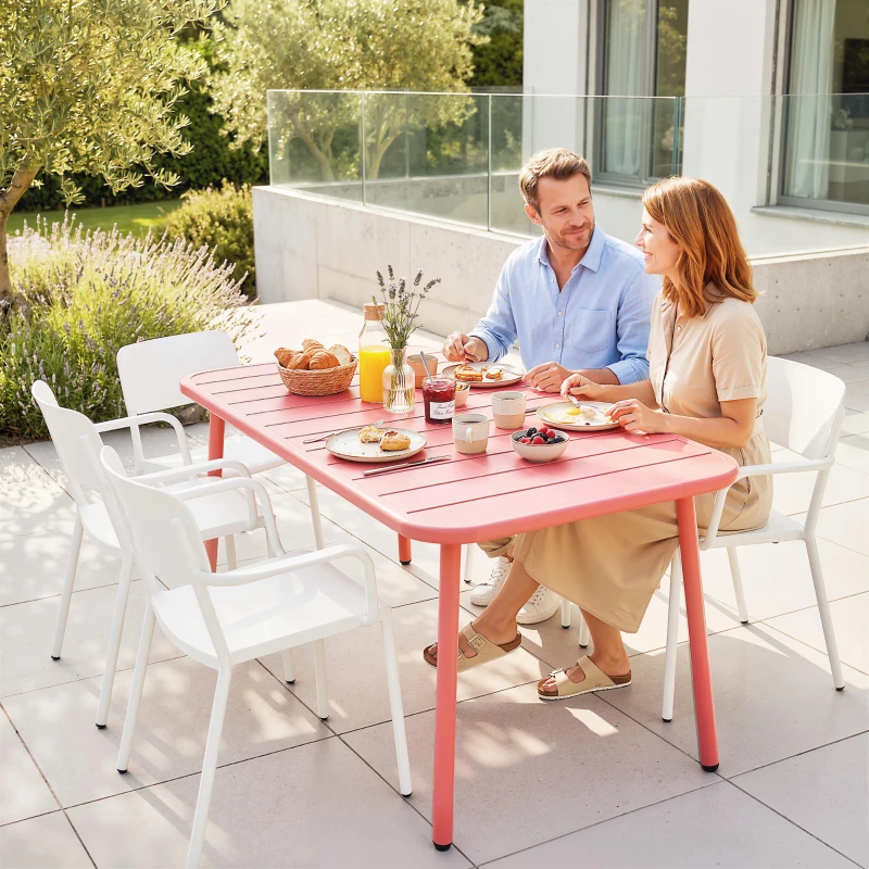 Outsunny Table de Salle à Manger Extérieure 120 x 70 cm pour 4 Personnes, Table de Jardin Rectangulaire avec Plateau à Lattes et Bords Arrondis, Rouge