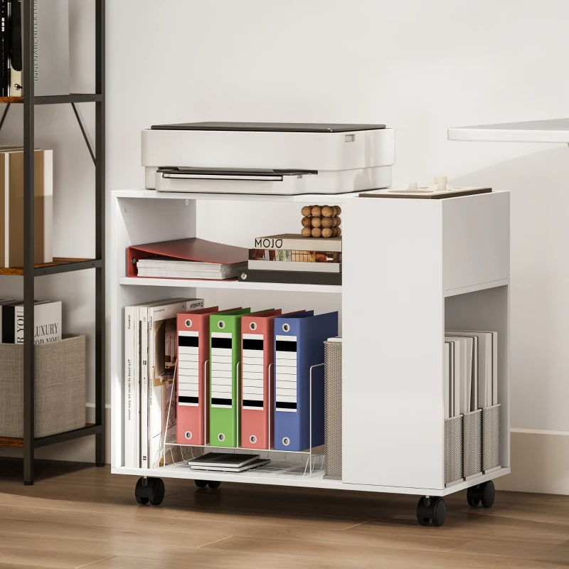 HOMCOM Support pour imprimante Table pour imprimante avec compartiment divisé, surfaces de rangement pour bureau 70 x 34 x 60 cm Blanc