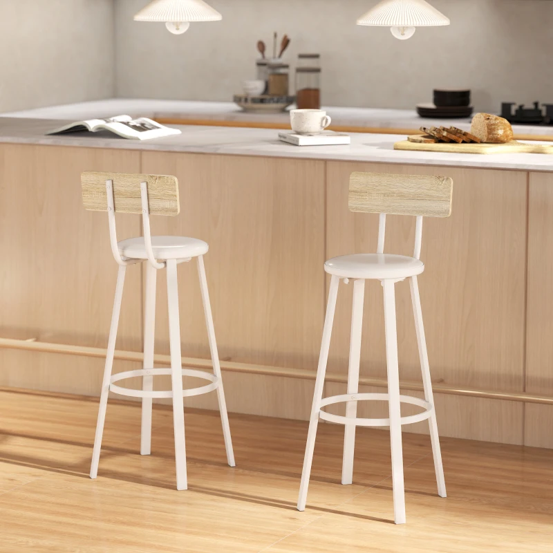 HOMCOM Set 2 sgabelli bar con schienale e poggiapiedi, seduta 75,5 cm, Legno naturale e Bianco
