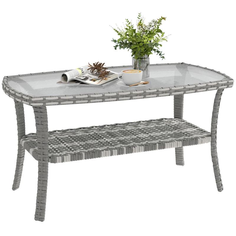 Outsunny Rechteckiger Gartentisch aus Rattan mit Ablage und gewellter gehärteter Glasplatte 90x50x45 cm Dunkelgrau