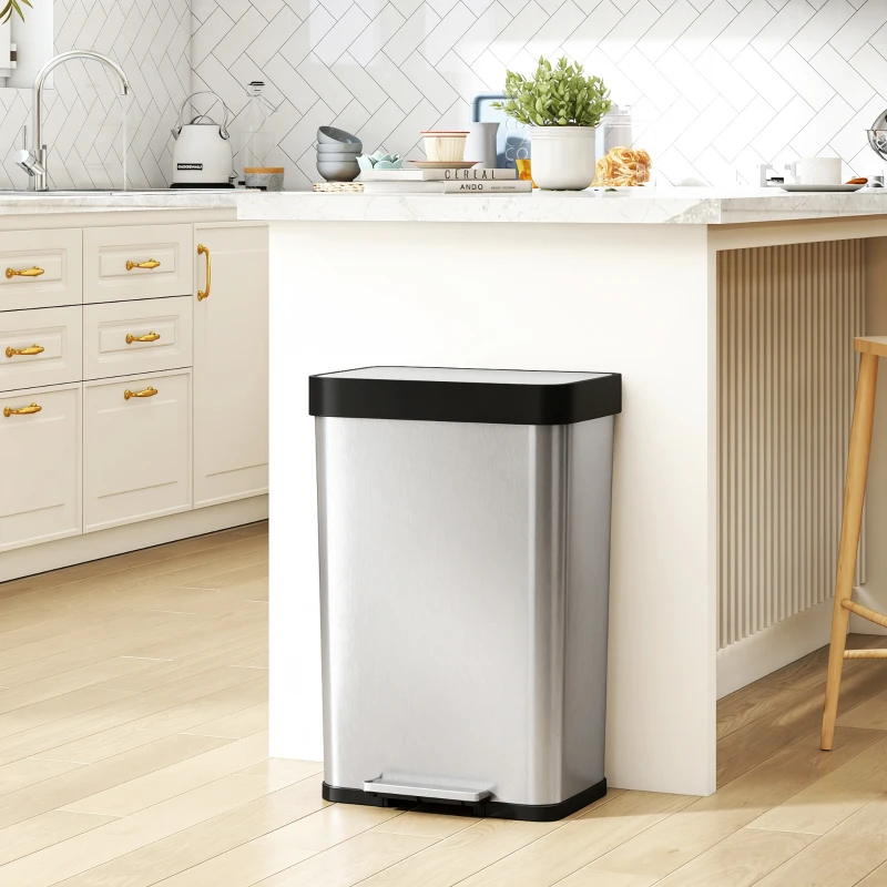 HOMCOM Poubelle 60 L à pédale, poubelle en acier inoxydable avec couvercle à fermeture douce, couleur argent