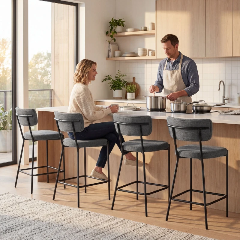 HOMCOM Lot de 2 tabourets de bar rembourrés avec dossier incurvé, pour îlot de cuisine, coin petit-déjeuner, Gris