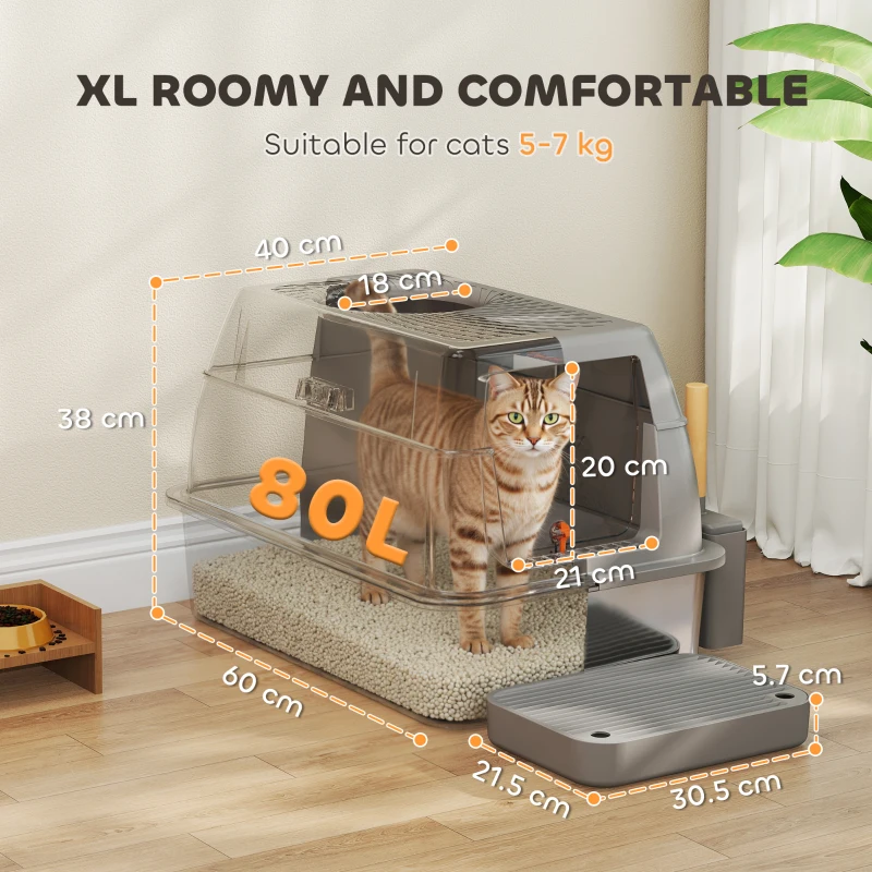 PawHut Lettiera chiusa per gatto con coperchio inossidabile e pedana anti-dispersione, 60x40x38cm, Grigio scuro
