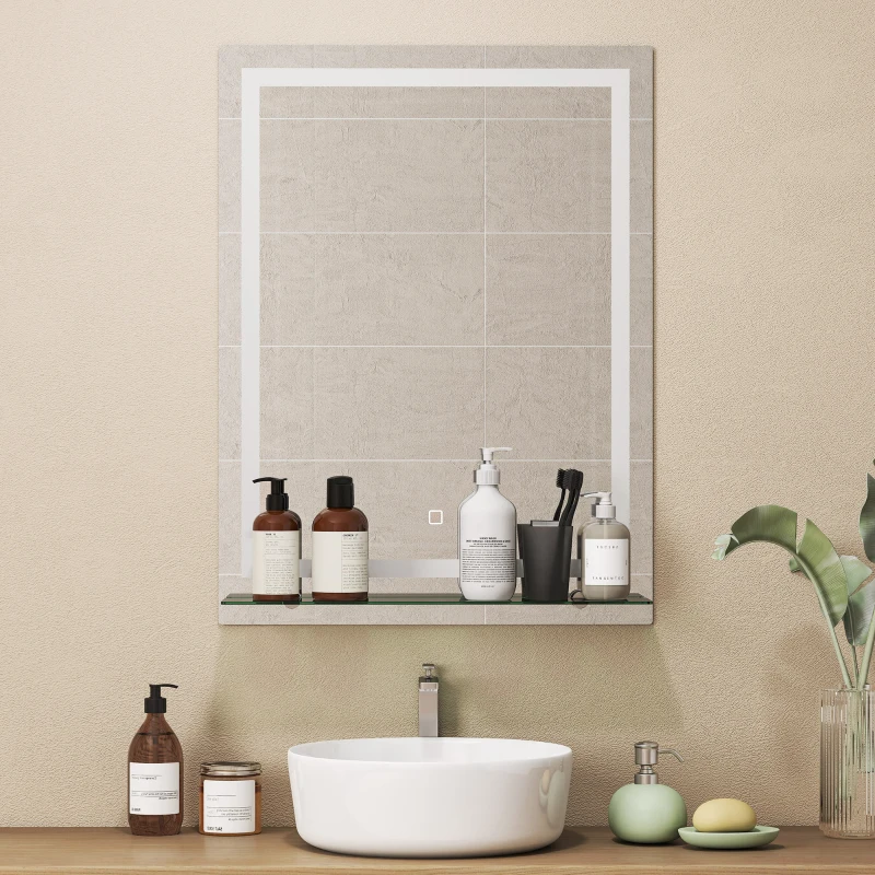 kleankin Miroir pour Salle de Bain 60x80 cm avec 3 Couleurs de Lumière Étagère en Verre Fonction Mémoire et Interrupteur Tactile Argent