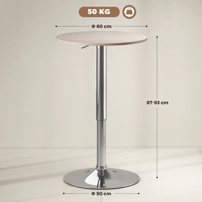 HOMCOM Tavolo bar regolabile girevole con base rotonda Ø60x67-93 cm, Legno naturale