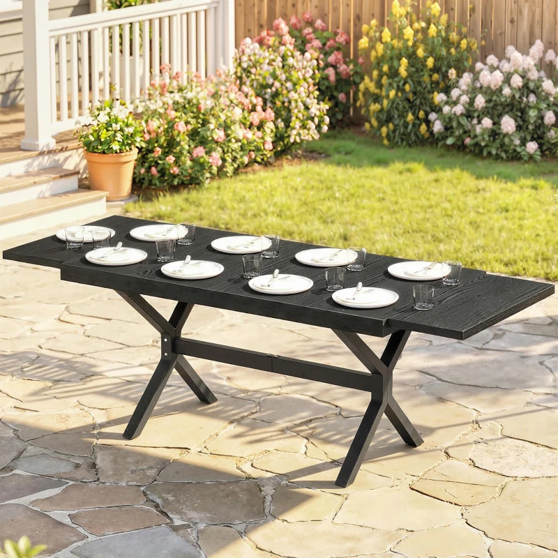 Outsunny Table de Jardin Extensible Aluminium Table de Repas Extérieure Effet Bois 8-10 Personnes 214x85x73cm Gris Anthracite