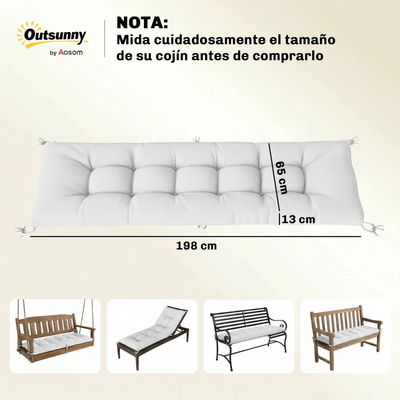 Outsunny Bankkissen für Außenbereich mit Befestigungsriemen UV50+-Schutz langsamer Rückprall Innen Außen 198x65x13 cm Creme