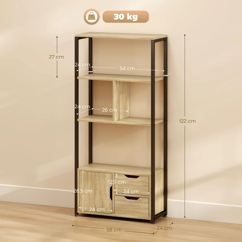 HOMCOM Libreria Stile Industriale con 3 Ripiani, Armadietto con Anta e 2 Cassetti, Effetto Legno Naturale, 58x24x122 cm, Nero