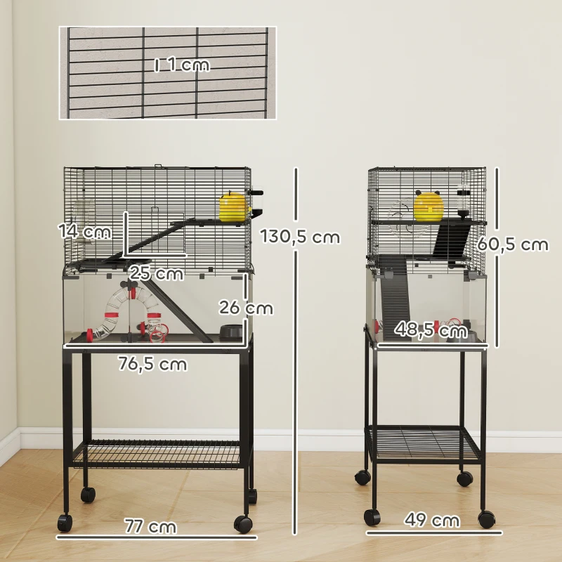 PawHut Cage pour hamster, enclos pour petits animaux à 3 niveaux, roue, hutte, plateformes, rampes, gamelle, bouteille d'eau, accessoires, acier, plastique, Noir