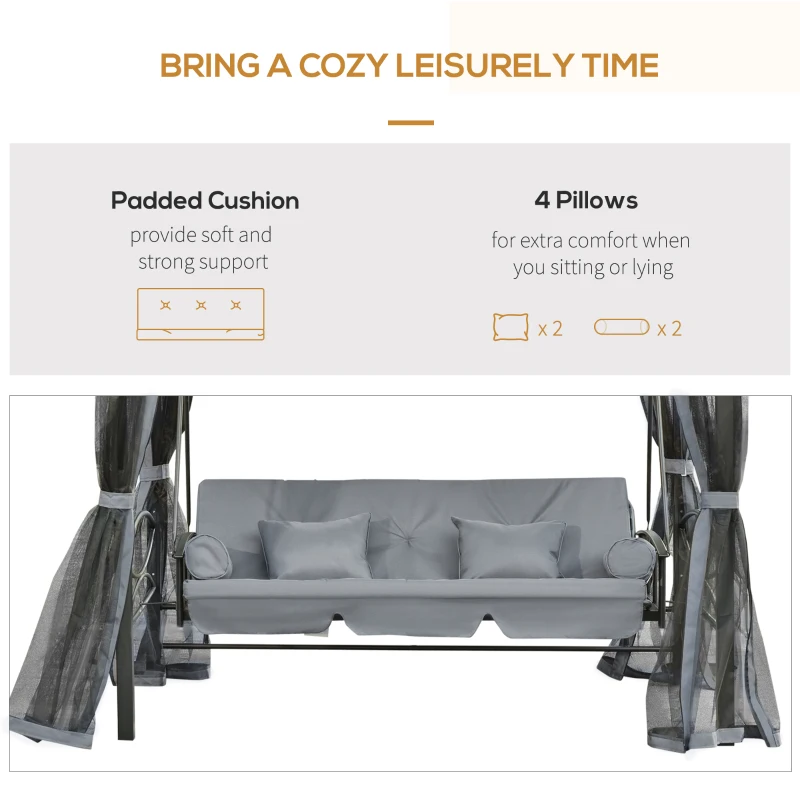Outsunny 3 Seater Swing Chair 3-in-1 Convertible Garden Swing Seat Bed Gazebo Patio Bench Outdoor with Double Tier Canopy, Cushioned Seat, Mesh Sidewalls, Grey