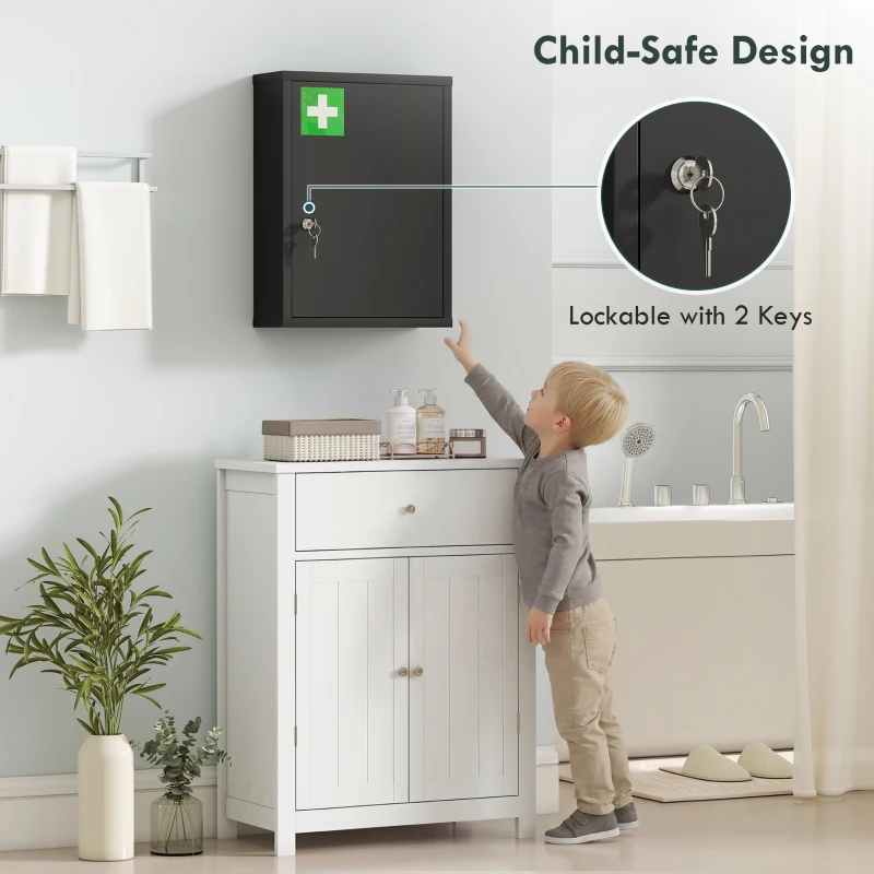 kleankin Apteczka ścienna z zamkiem, 3-poziomowa stalowa szafka na ścianę, 40 x 15 x 53,5 cm, czarna