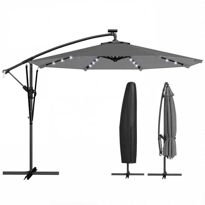 Outsunny Umbrelă Excentrică cu Lumină LED Solară 330x295 cm Umbrelă cu Bază Încrucișată Manivelă Husă Protectoare Gri Închis