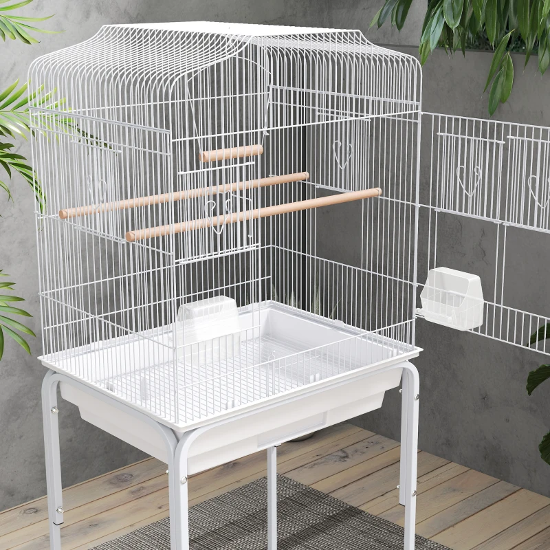 PawHut Cage pour oiseaux avec roulettes étagère portes 2 mangeoires 2 perchoirs balançoire bac amovible 46,5x36x124 cm Blanc