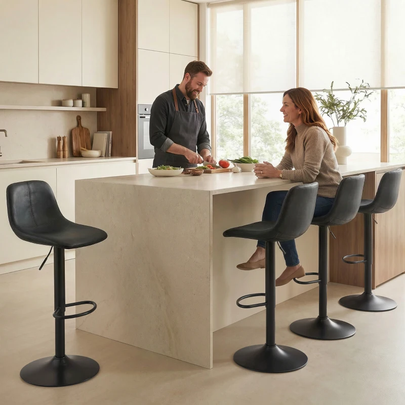 HOMCOM 2er-Set Barhocker, höhenverstellbar mit Rückenlehne und Fußstütze, 360° drehbar, Stahlfuß, schwarz