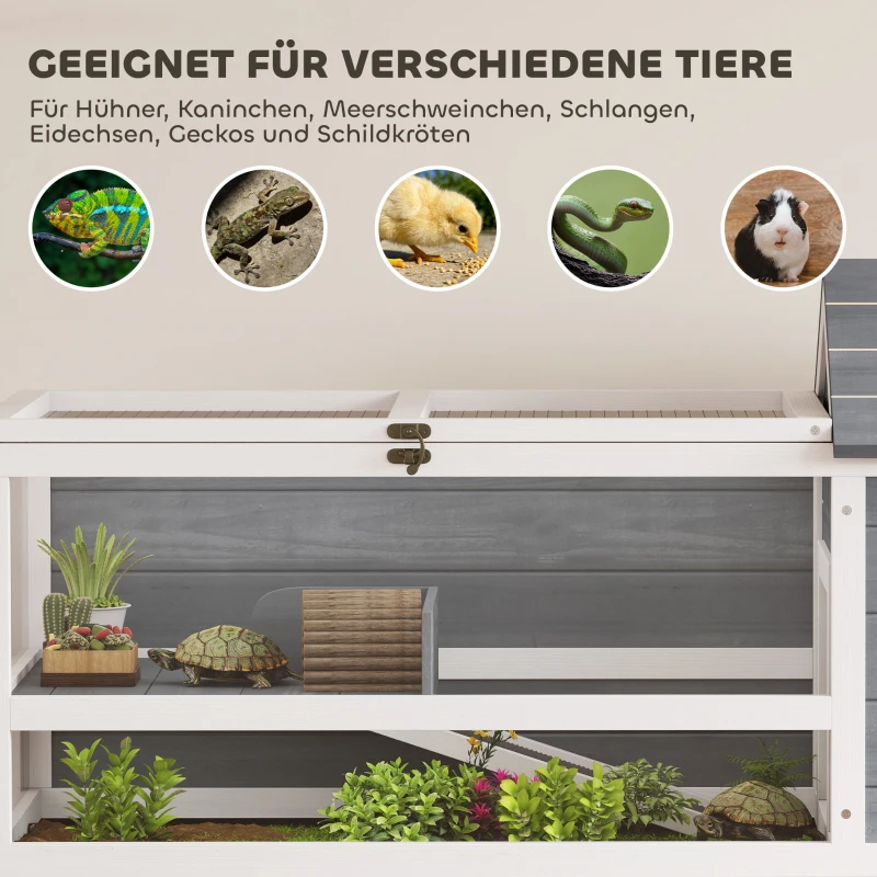 PawHut Maison pour tortue avec support de lampe, étagère, enclos pour divers petits animaux, bois, Gris