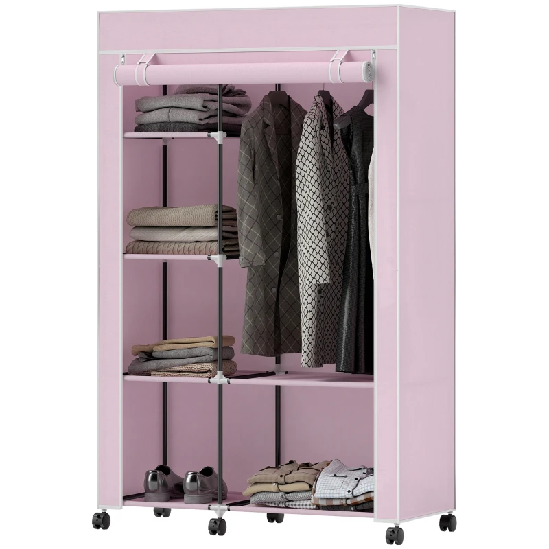 HOMCOM Armadio tessuto con ruote, 6 ripiani e asta appendiabiti, 103x43x162,5 cm, Rosa