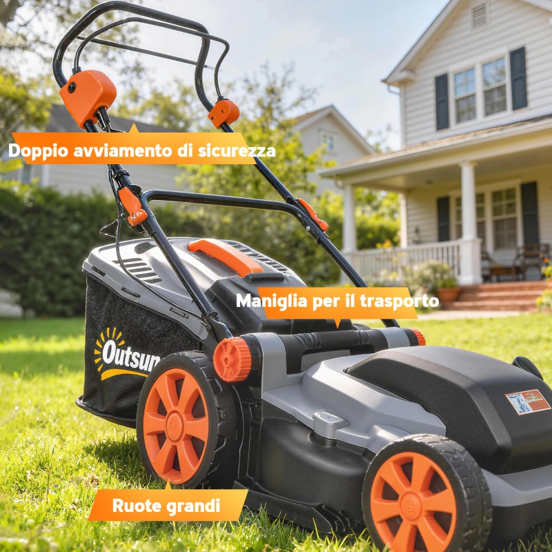 Outsunny Elektrischer Rasenmäher 1800W mit 40 cm Schnittbreite, Mulchfunktion und 50L-Fangsack, abnehmbarer höhenverstellbarer Griff, 6 Schnitthöhen 25-75 mm, Hellgrau