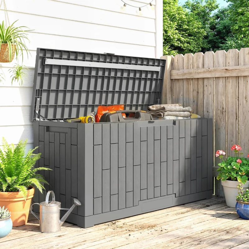 Outsunny Tuinbox 379 Liter Waterdicht Afsluitbaar UV-bestendig Opbergbox met Houtlook voor Tuin 122,5x56x62cm Grijs