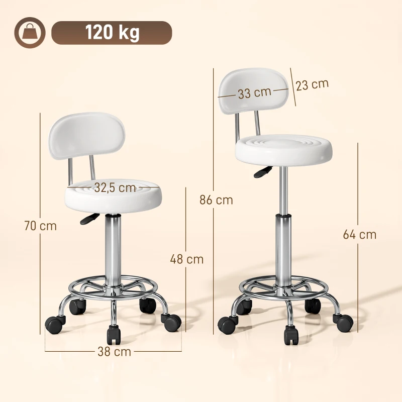HOMCOM Tabouret Pivotant avec Dossier et Roulettes Chaise Réglable pour Salon de Beauté Studio de Tatouage 32x40x70-86cm Blanc