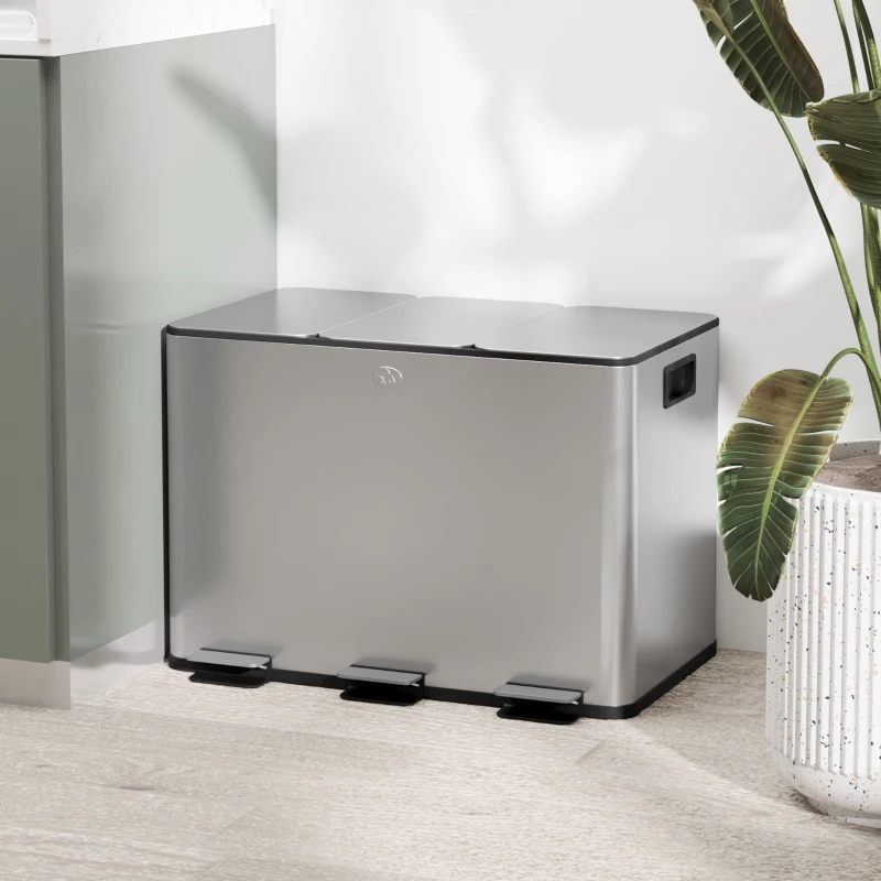 HOMCOM Küchenmülleimer, Wertstoffmülleimer, 3 x 10L Fächer, herausnehmbare Inneneimer, 49,6x34,5x38,6cm, Silber