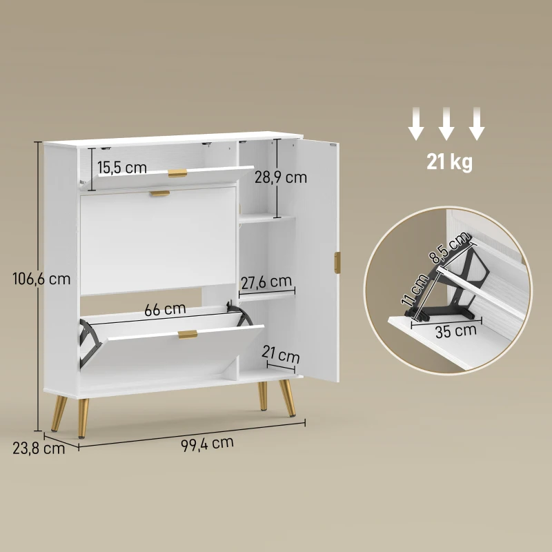 HOMCOM Schuhschrank 12 Paar, Schuhschrank, 2 kippbare Schubladen, 4 Fächer, 99,4x23,8x106,6cm, weiß