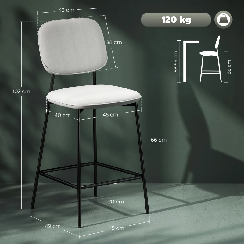 HOMCOM Set da 2 sgabelli da bar con poggiapiedi, rivestimento in velluto e gambe in acciaio per sala da pranzo, 45x49x102 cm, Grigio chiaro