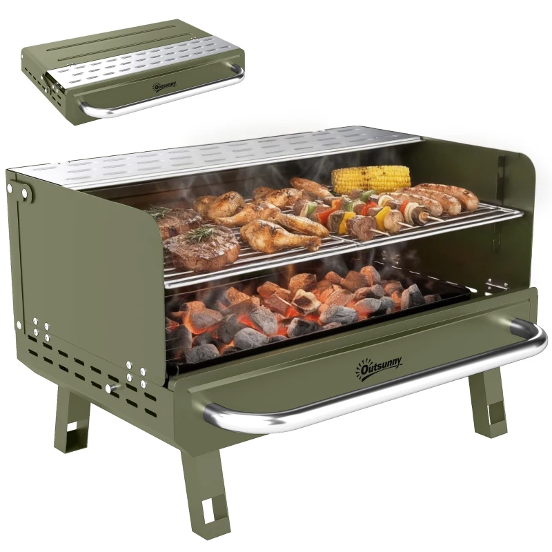 Outsunny Faltbarer Holzkohlegrill 52x37x31,8 cm mit verstellbarem Grillrost, klappbarer Seitenablage und herausnehmbarer Kohleschale, Grün