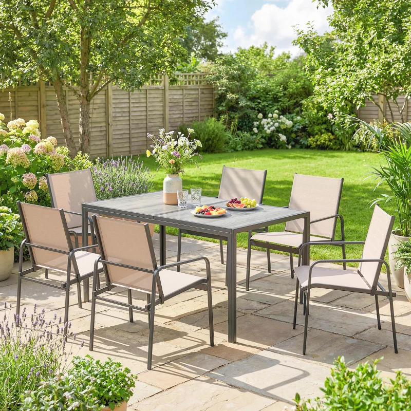 Outsunny Tisch- und Stuhlset für Garten mit Holzoptik-Tischplatte und 6 atmungsaktiven Stühlen für Terrasse, Patio, Khaki