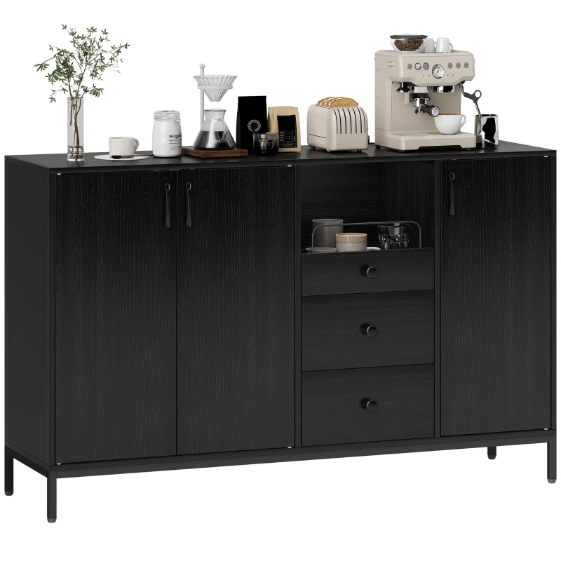 HOMCOM Buffet 3 Portes Buffet de Salon avec 3 Tiroirs Étagères Réglables pour Cuisine Entrée Noir 143,5x40x90 cm