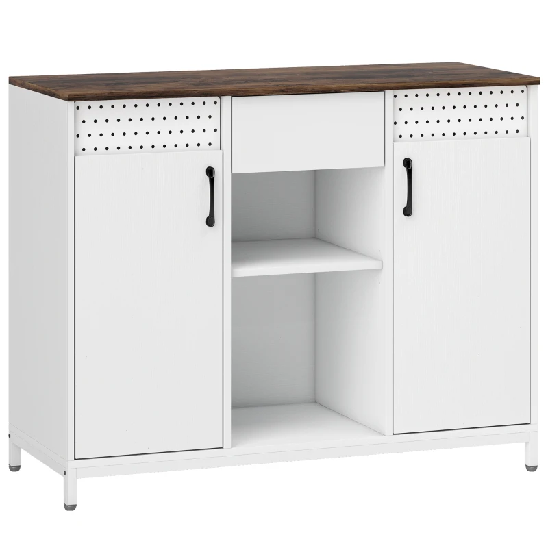 HOMCOM Buffet pour Salon 2 Portes à Perforations Tiroir Compartiments Ouverts Étagères Réglables 100x40x80 cm Blanc