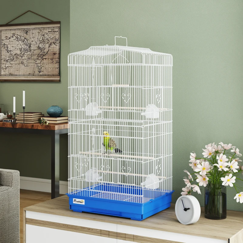 PawHut Vogelkäfig Metallvoliere mit 4 Futternäpfen 3 Sitzstangen Schaukel und herausziehbarer Schublade Griff 46,5x35,5x92 cm Blau