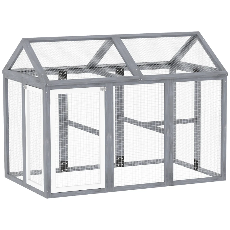 PawHut Incintă pentru găini 1,18 m², parc cu plasă și uși cu închidere, cadru din lemn masiv, 140 x 88,5 x 106 cm, gri