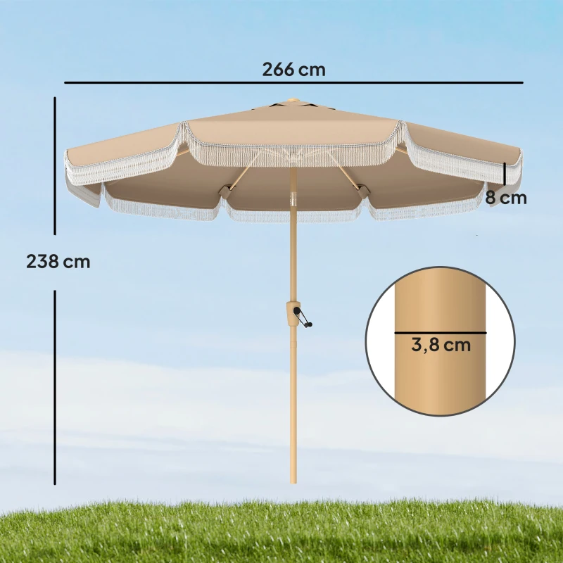 Outsunny Gartenschirm 266 cm, neigbar, mit Fransen, Kurbel, 8 Streben, Polyester 180 g/m², Khaki