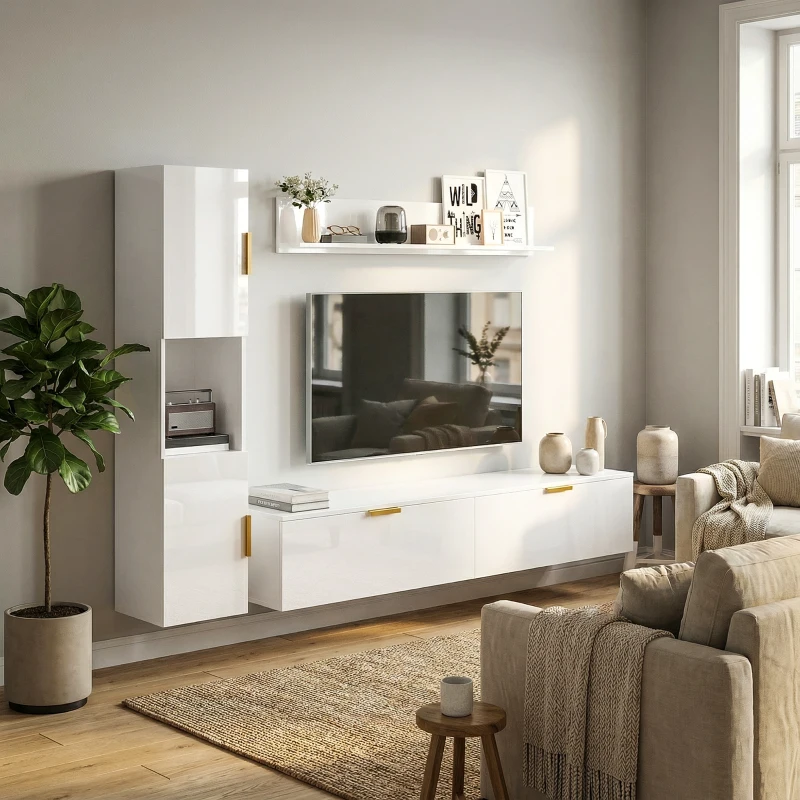 HOMCOM Mobilier TV suspendat cu uși rabatabile Centru entertainment Raft de perete Dulap 180 cm Alb lucios