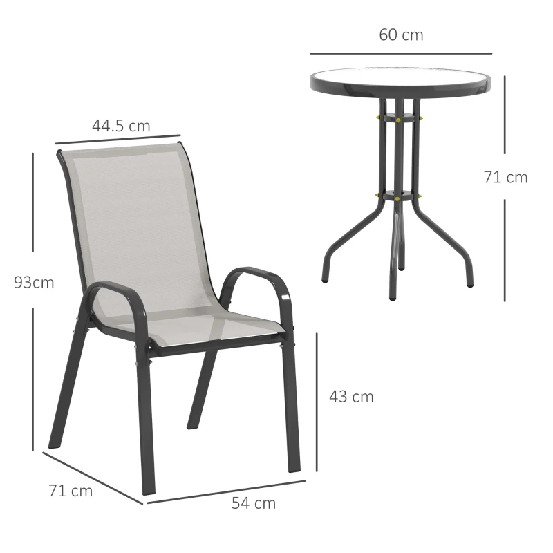 Outsunny Set de grădină 3 piese cu masă rotundă cu blat din sticlă și scaune suprapuse pentru exterior Gri deschis