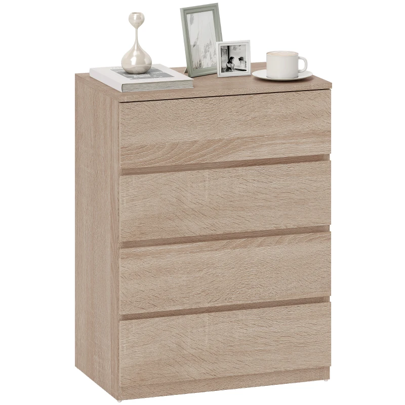 HOMCOM Commode 4 tiroirs en bois avec rails métalliques et poignées rainurées, 60x40x80 cm, couleur Hêtre