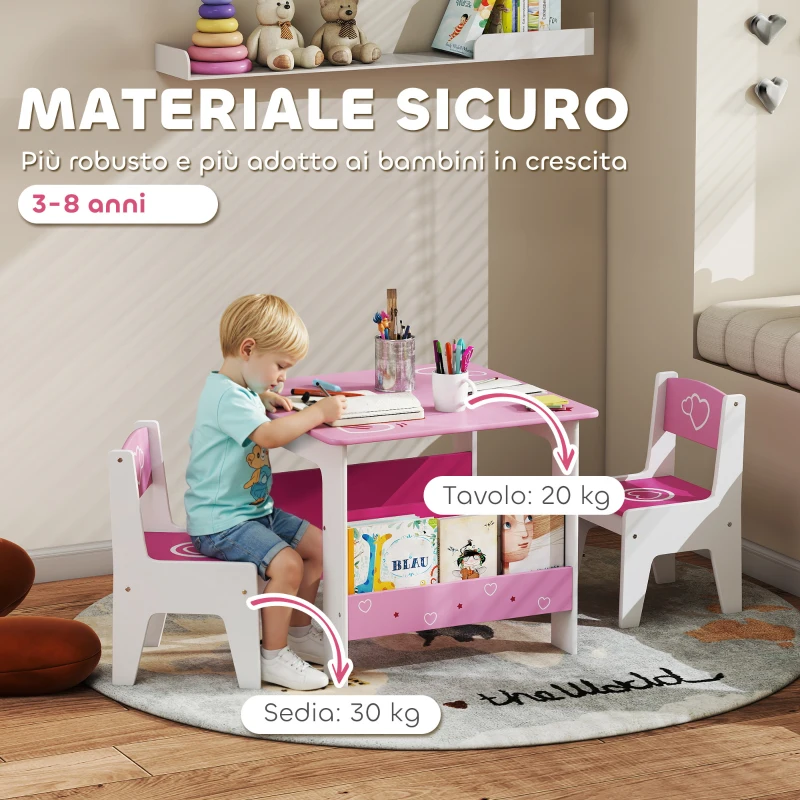 AIYAPLAY Set Tisch mit 2 Stühlen für Kinder 3-8 Jahre, Kindertisch mit Regal aus MDF-Holz mit Herzmotiven, Rosa
