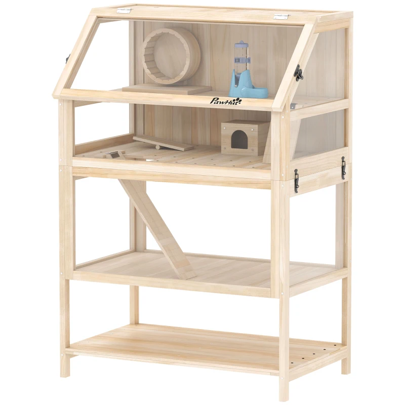 PawHut Cușcă pentru hamster din lemn 3 etaje Cușcă pentru rozătoare cu podea detașabilă Raft Roată Balansoar Rampă Căsuță 80x53x117cm Lemn natural