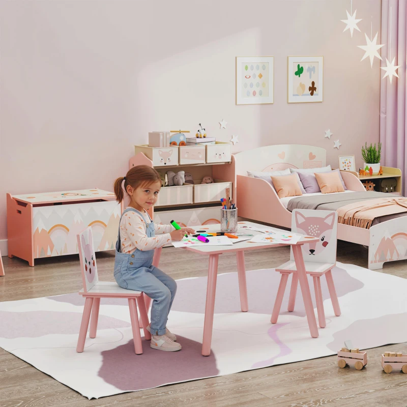 ZONEKIZ Ensemble table et chaises en pin, table avec 2 chaises, motif animal, chambre d'enfant, 3-8 ans, Rose
