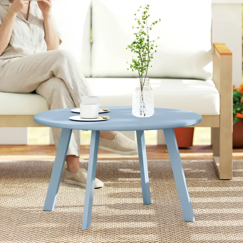Outsunny Kleiner runder Couchtisch, Beistelltisch mit rutschfesten Füßen, Metallgestell, für Garten, Ø 70 x 42 cm, blau