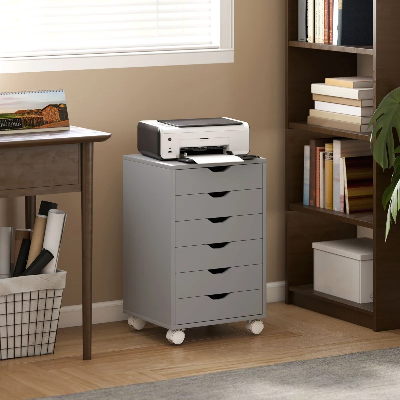 HOMCOM Caisson de bureau Classeur mobile avec 6 tiroirs Roulettes Glissières silencieuses pour bureau maison Gris