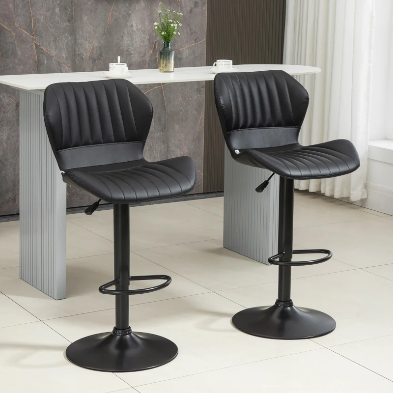 HOMCOM Set da 2 Pezzi Sgabello da Bar Regolabile in Altezza, 48,5x55,5x90-110 cm, in Finta Pelle e Acciaio, Nero