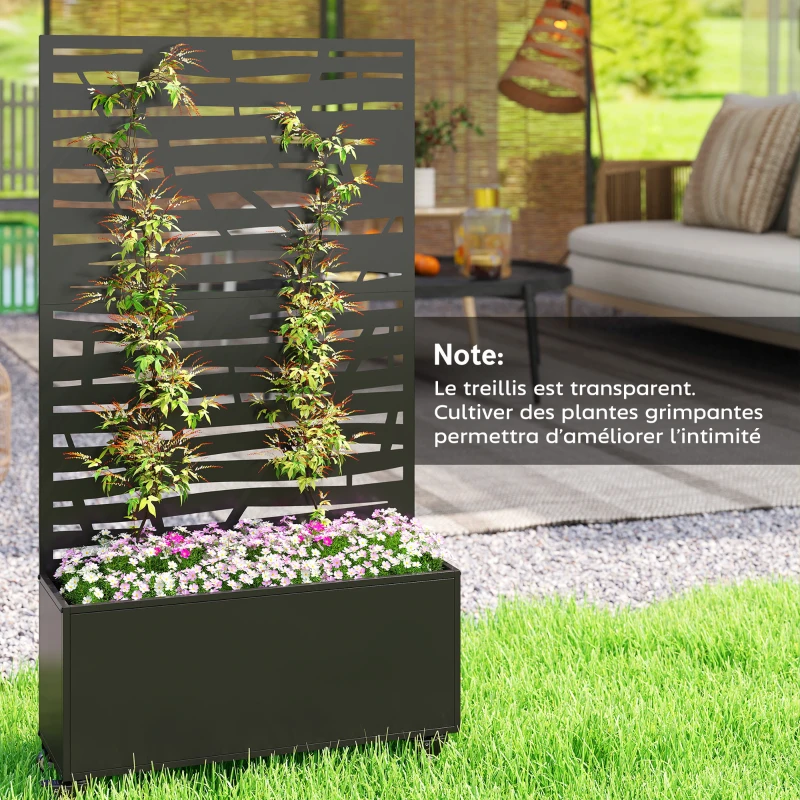 Outsunny Jardinieră cu spalier, cuvă din metal pentru flori cu panou pentru intimitate și roți, spalier decupat în lamele, 90x30x160cm, negru