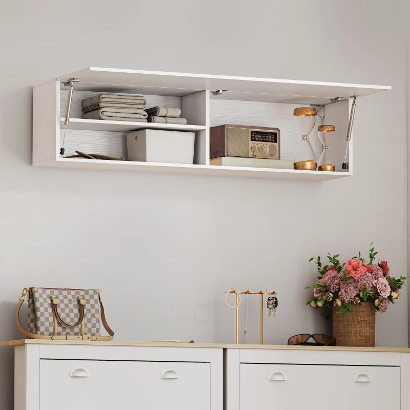 HOMCOM Wand-Badezimmerschrank mit gedämpfter Klappe, 2 Fächer und verstellbarer Ablage, 120x23x30 cm, Weiß